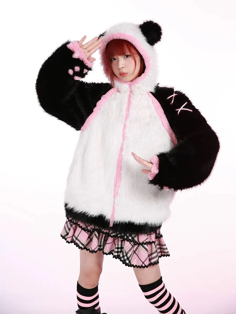 Evil Tooth Kawaii Panda Look Faux Fur Hoodie Coat Christmas