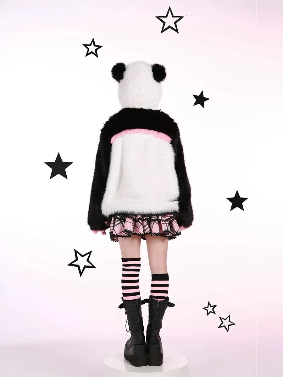 Evil Tooth Kawaii Panda Look Faux Fur Hoodie Coat Christmas