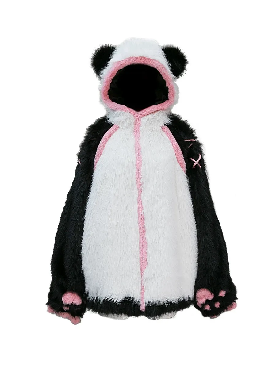 Evil Tooth Kawaii Panda Look Faux Fur Hoodie Coat Christmas