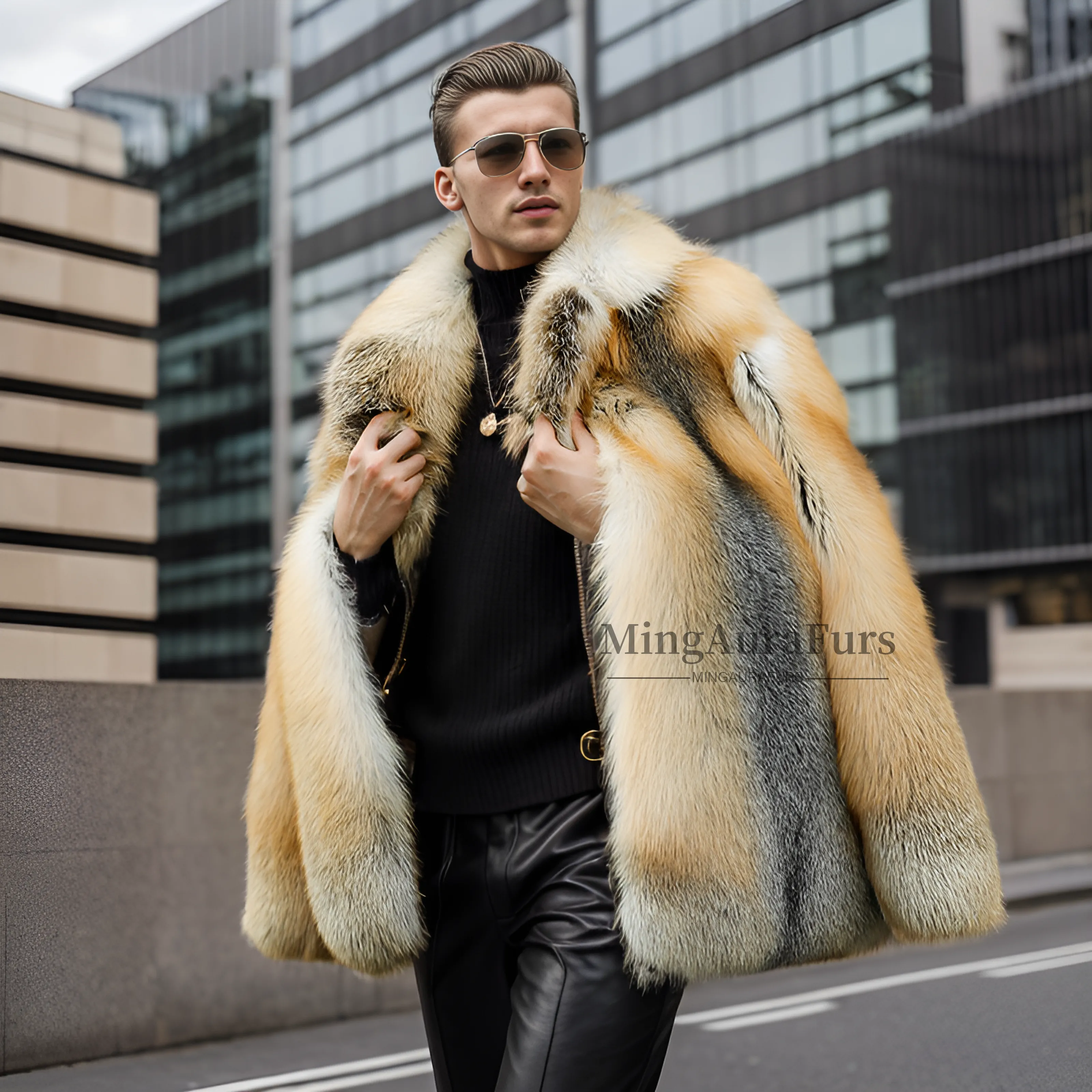 Exquisite Luxury: Men's Golden Fox Fur Coat M805