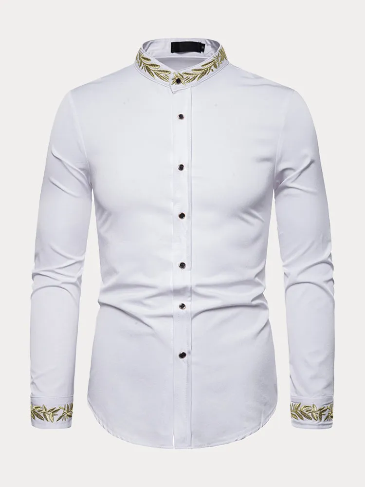 Fashion Embroidered Henley Collar Long-sleeved Shirt