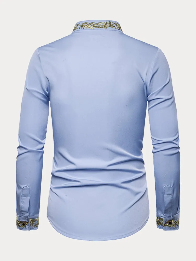 Fashion Embroidered Henley Collar Long-sleeved Shirt