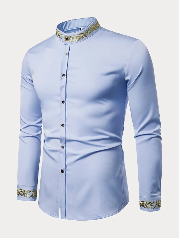 Fashion Embroidered Henley Collar Long-sleeved Shirt