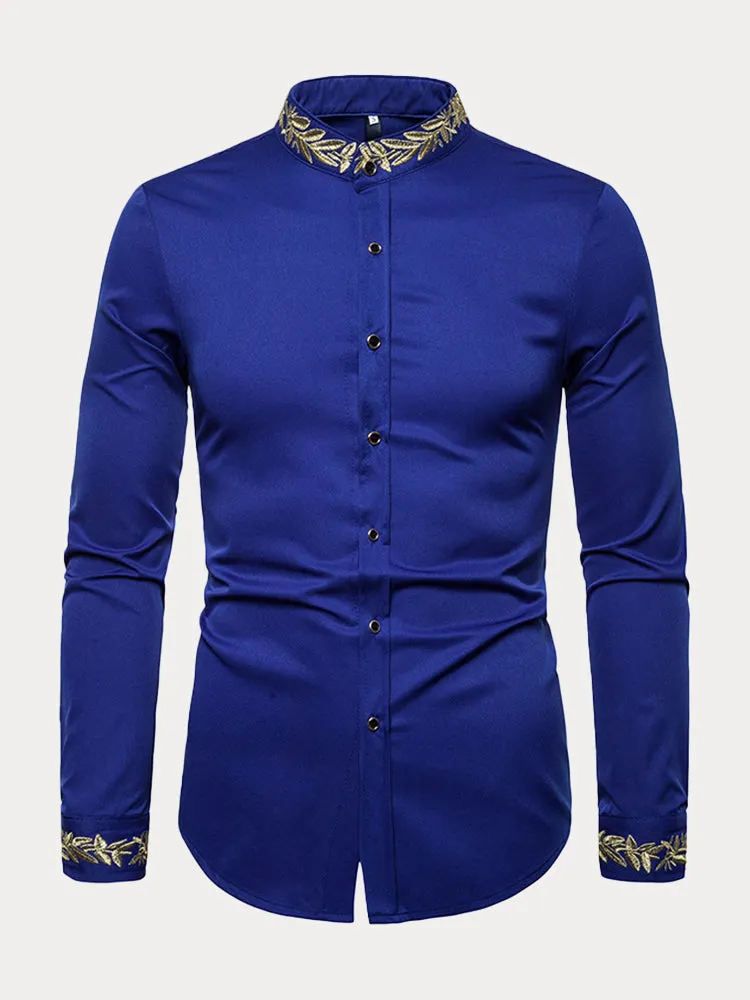 Fashion Embroidered Henley Collar Long-sleeved Shirt