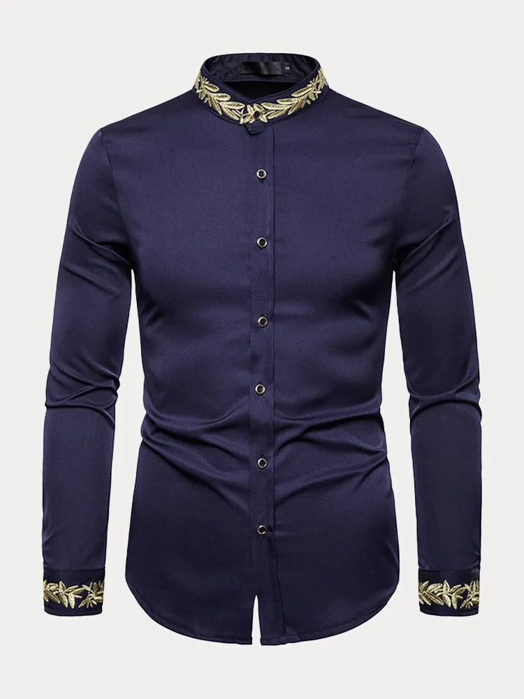 Fashion Embroidered Henley Collar Long-sleeved Shirt