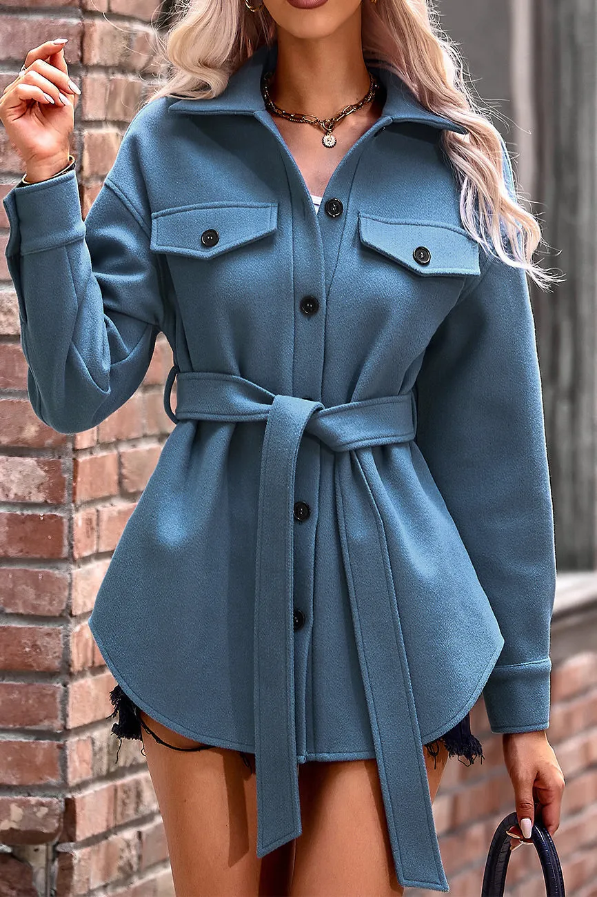 Fashion Women Belted Button Long Sleeves Coat