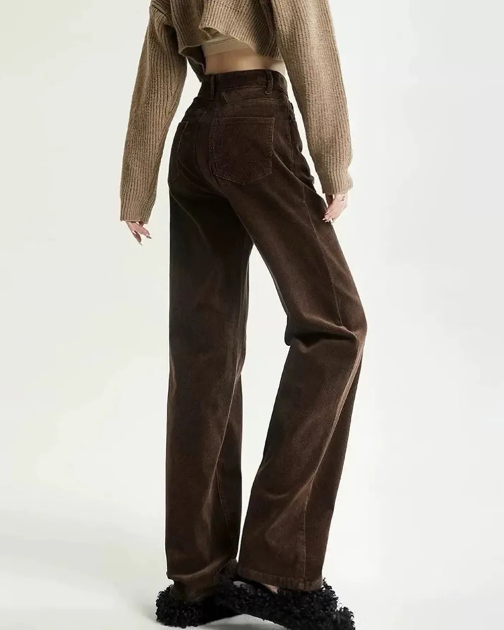 Fashionkova Brown High-Rise Retro Cord Pants