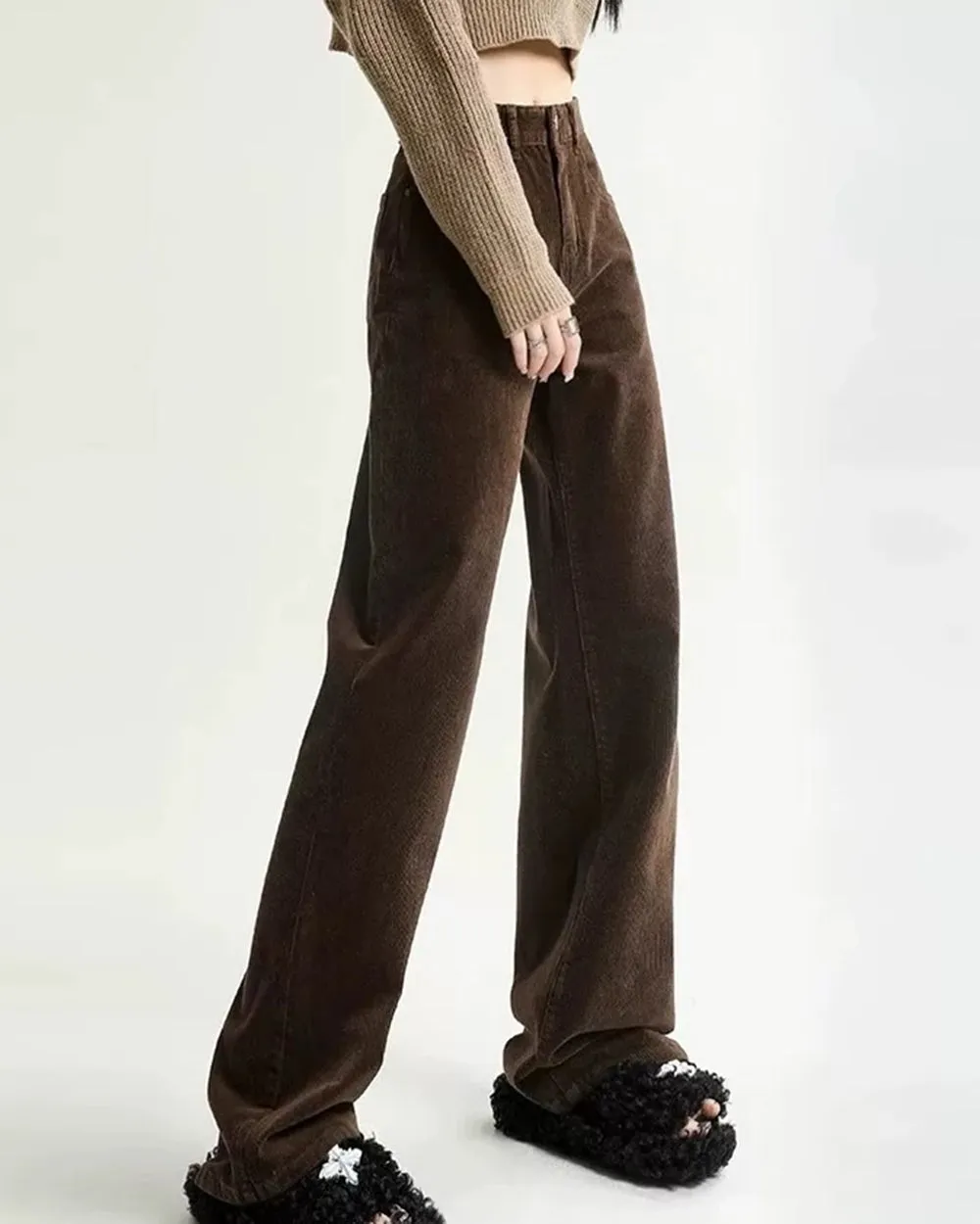 Fashionkova Brown High-Rise Retro Cord Pants