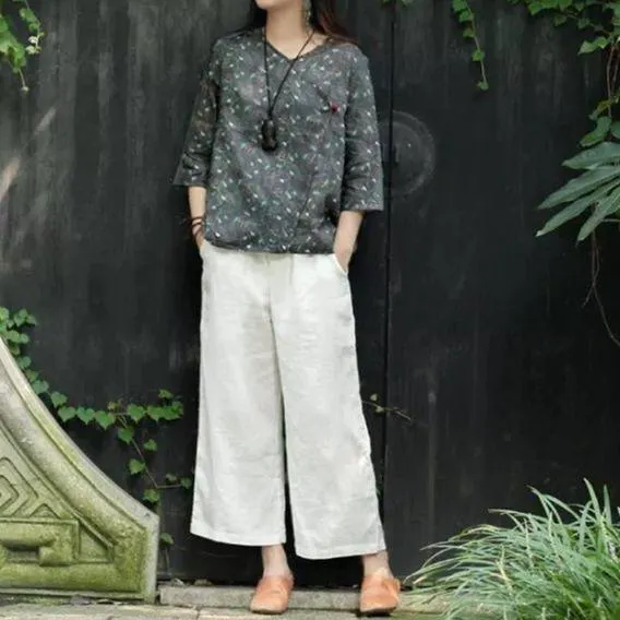 FashionSierra - Women's linen cropped palazzo pants wide leg summer causal pants