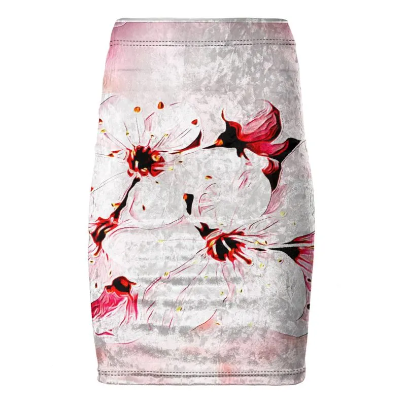 Floral Embosses: Pictorial Cherry Blossoms 01-02 Designer Pencil Mini Skirt