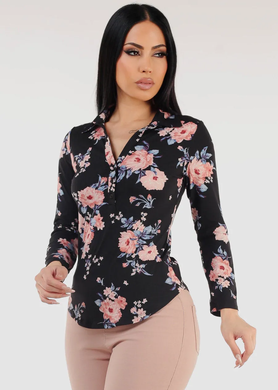 Floral Long Sleeve Henley Blouse Black