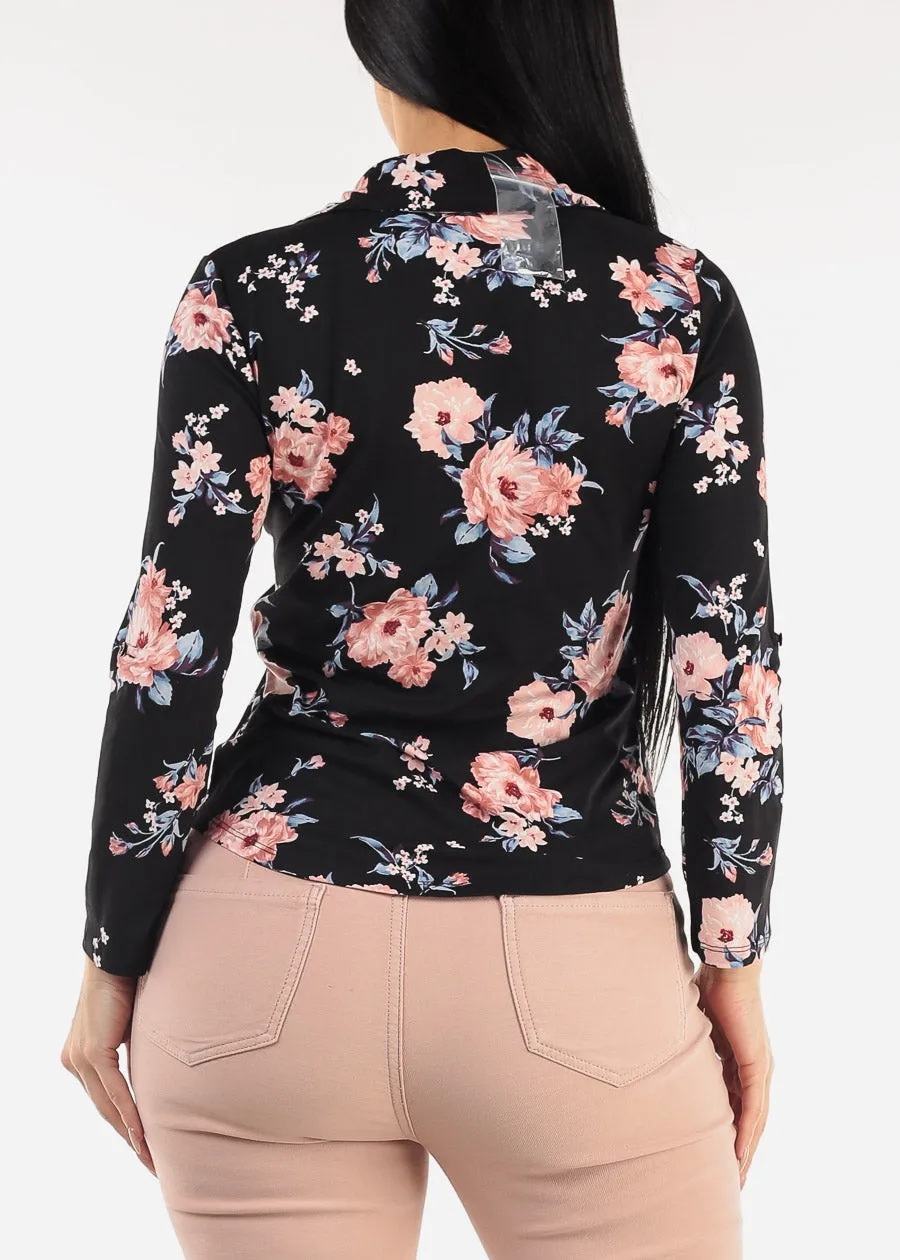 Floral Long Sleeve Henley Blouse Black