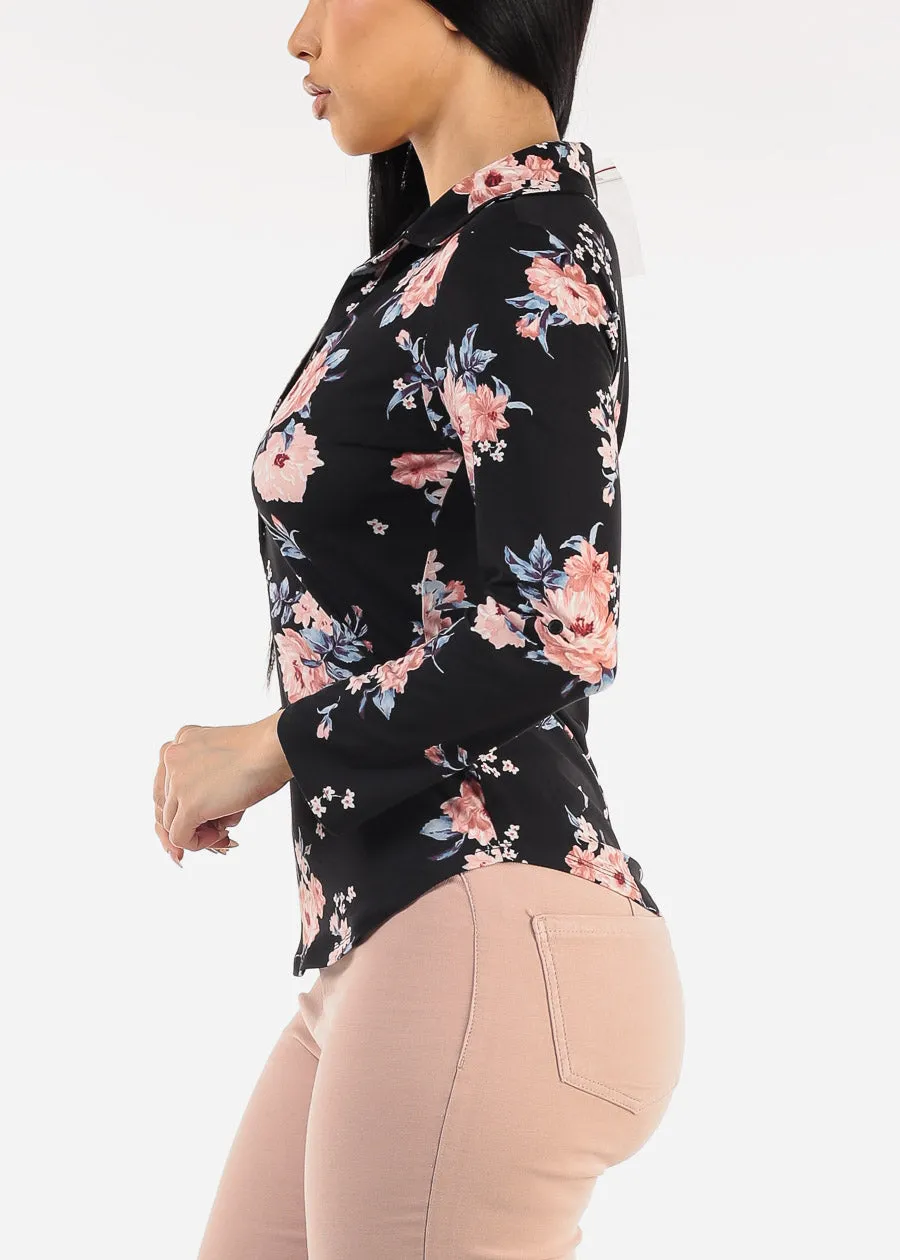 Floral Long Sleeve Henley Blouse Black