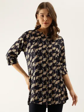 Floral Printed Rayon Shirt Type Top For Women