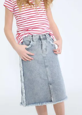 Frayed Denim Pencil Midi Skirt