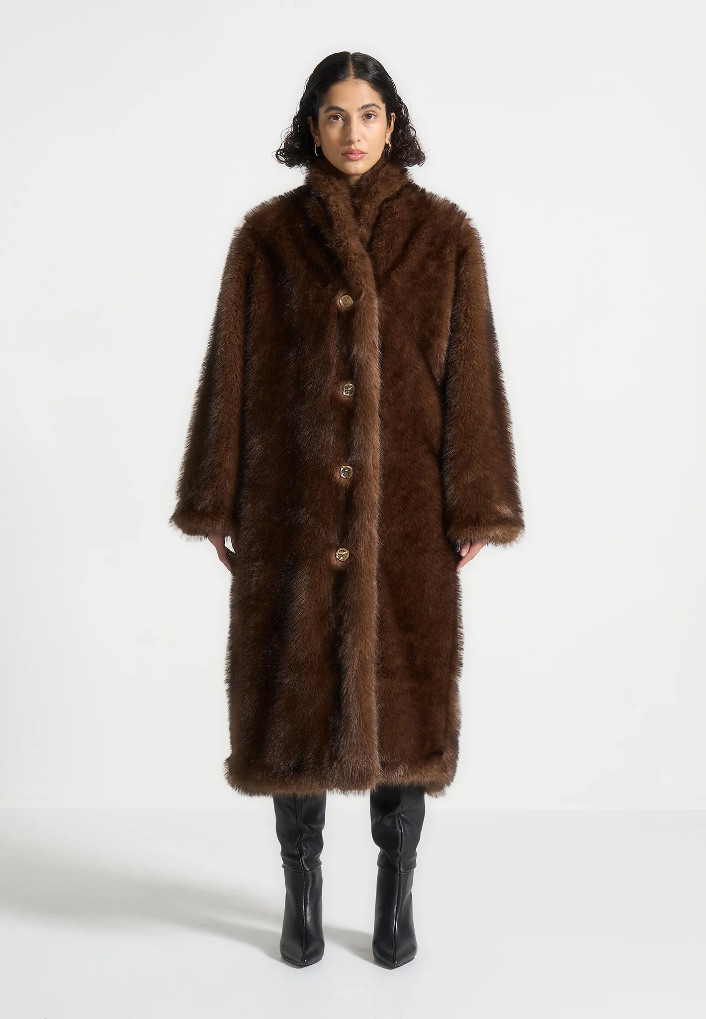 Fur Oversized Coat with Scarf - Brown