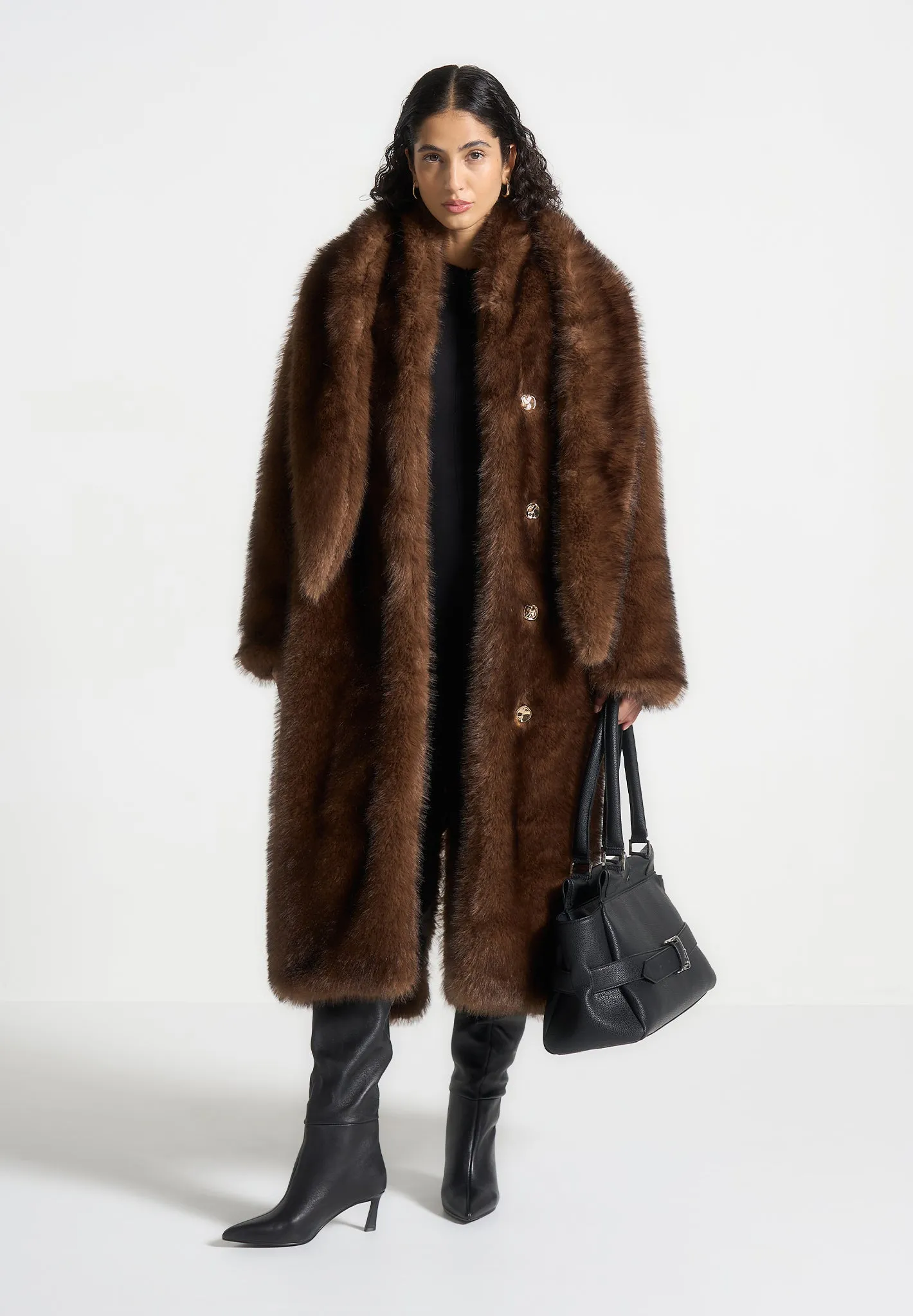 Fur Oversized Coat with Scarf - Brown