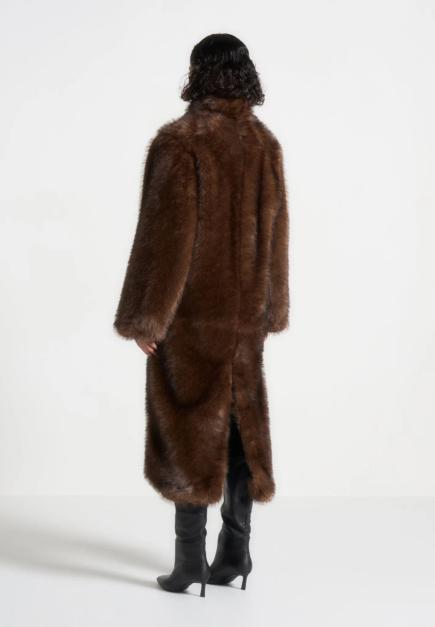 Fur Oversized Coat with Scarf - Brown