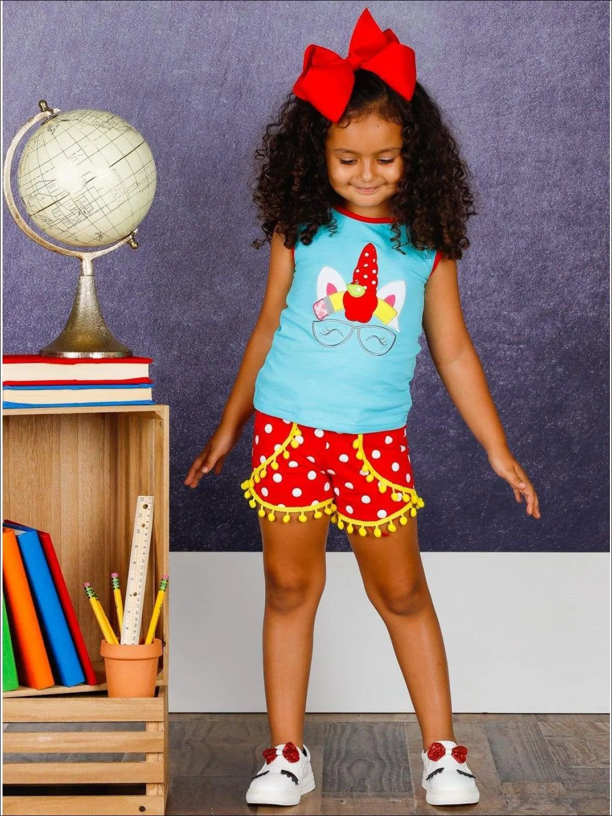 Girls 1st Day of School School Themed Unicorn Tank & Polka Dot Pom Pom Shorts Set