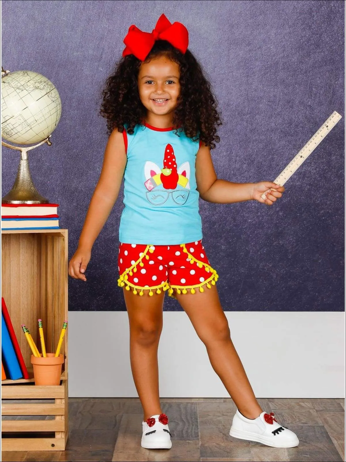 Girls 1st Day of School School Themed Unicorn Tank & Polka Dot Pom Pom Shorts Set