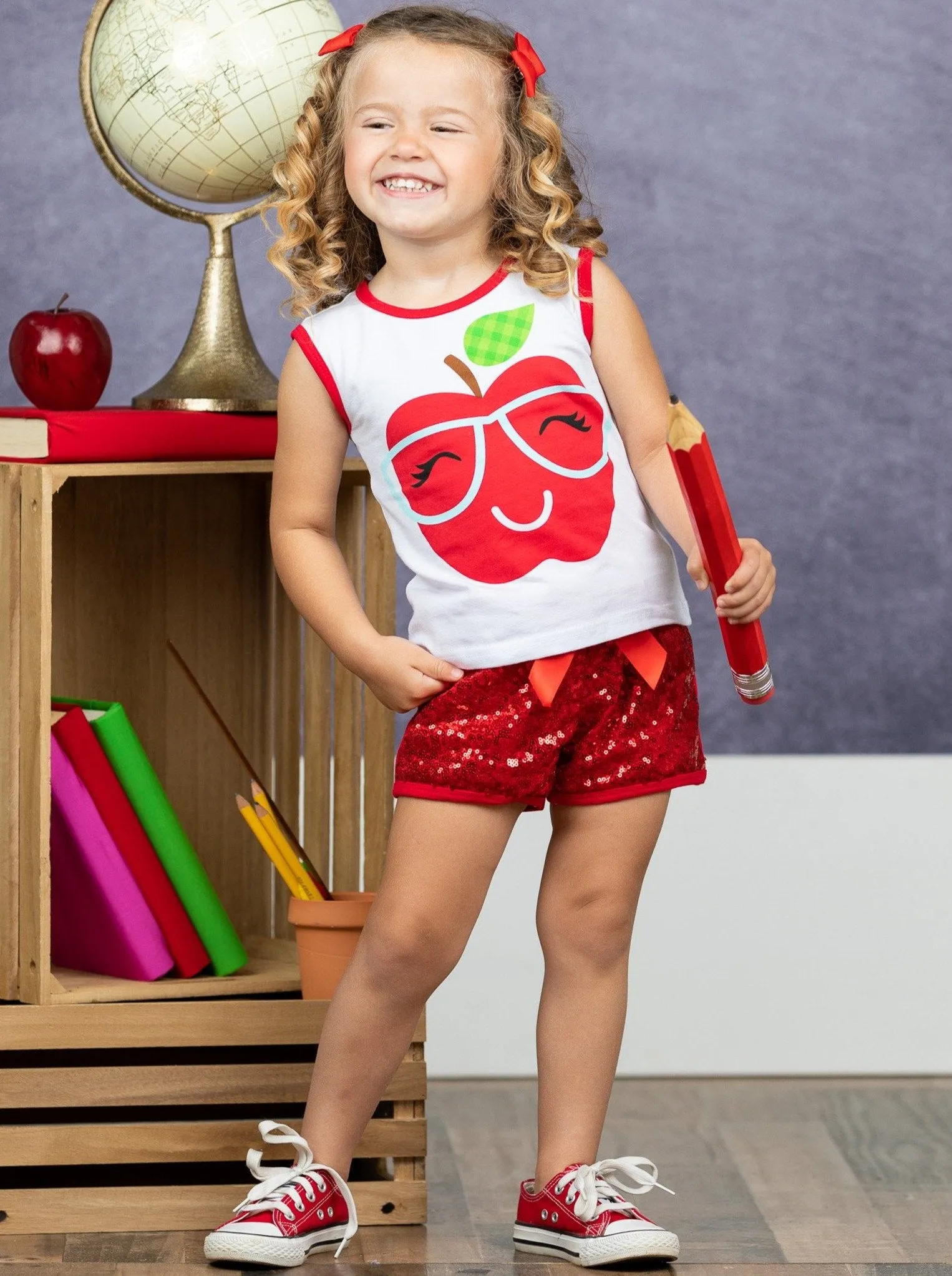 Girls Apple with Glasses Printed Tank & Sequin Bow Shorts Set