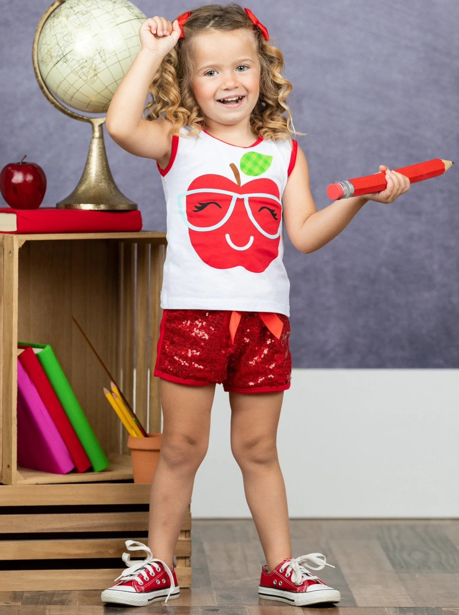 Girls Apple with Glasses Printed Tank & Sequin Bow Shorts Set