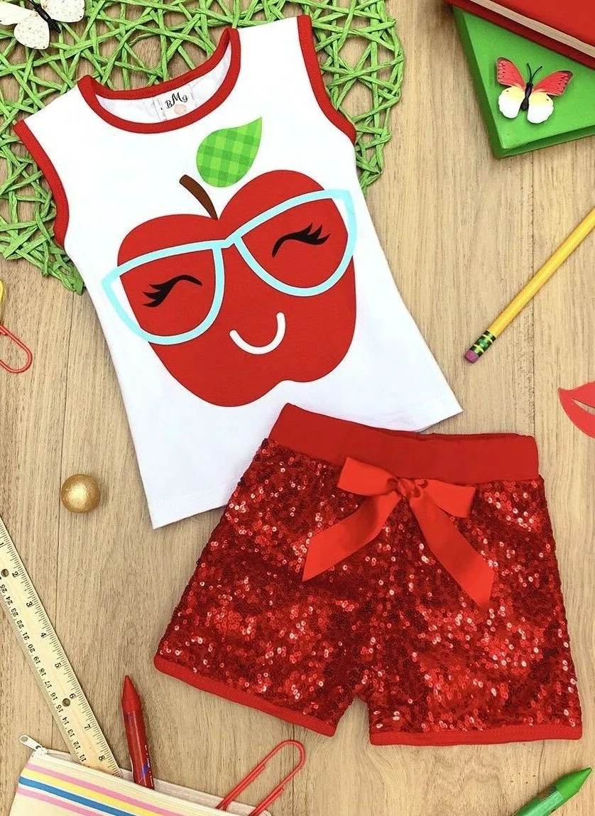 Girls Apple with Glasses Printed Tank & Sequin Bow Shorts Set