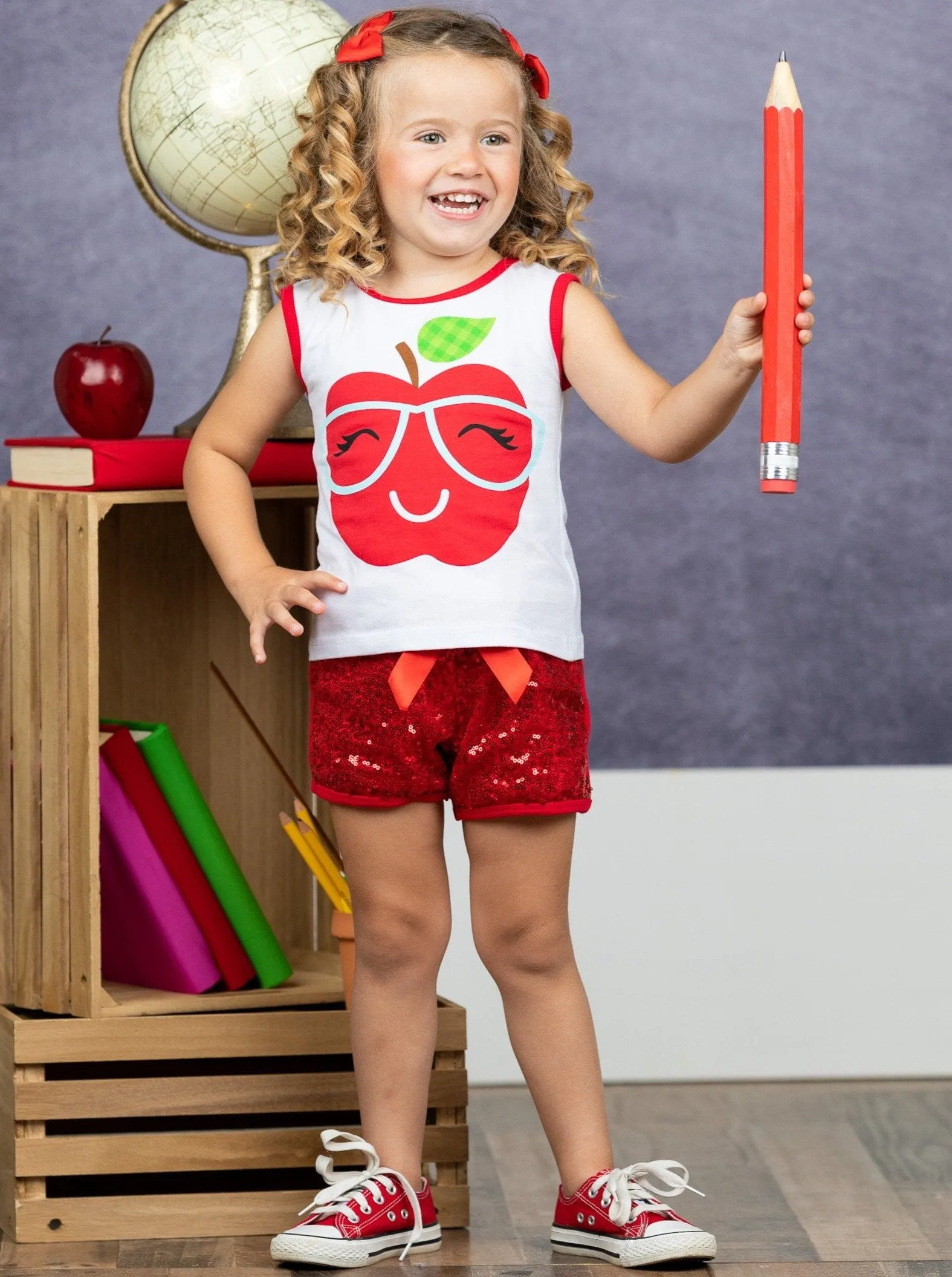 Girls Apple with Glasses Printed Tank & Sequin Bow Shorts Set