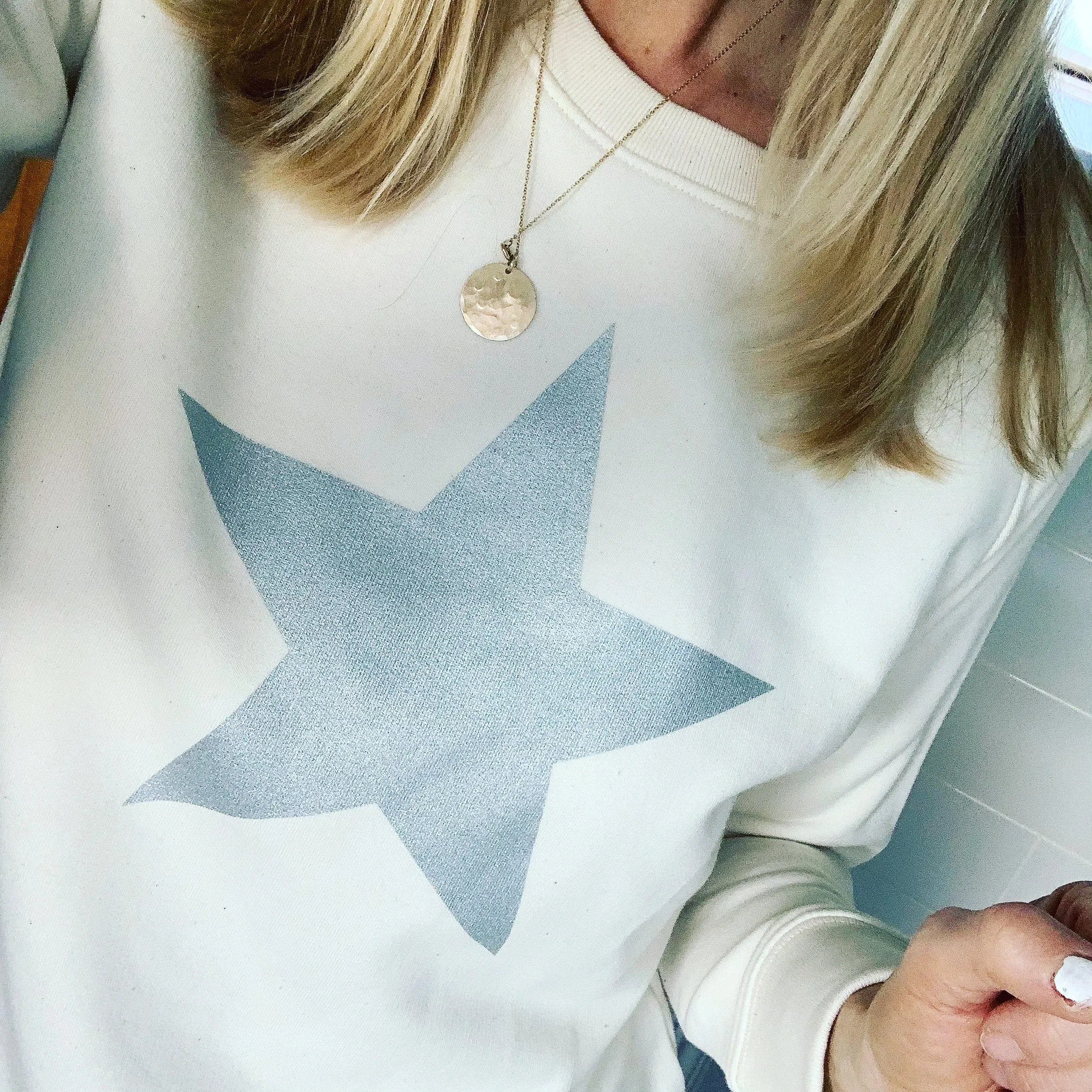 Glittery grey star cream raw sweatshirt