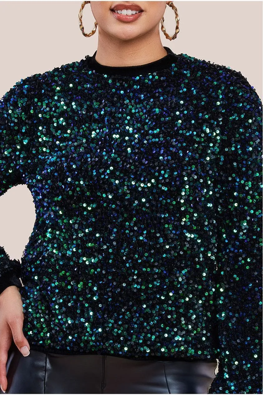 Goddiva Multi Sequin Velvet Jumper -  Emerald Green