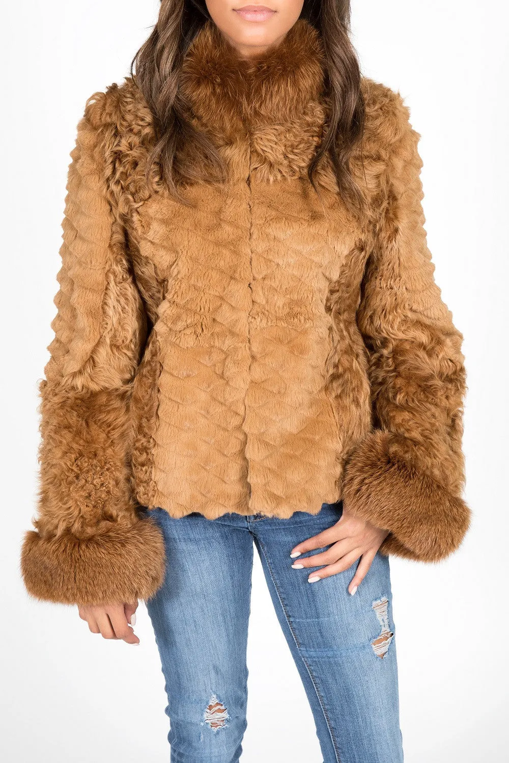 Golden Dyed Persian Lamb, Fox and Lasered Rabbit Fur Jacket