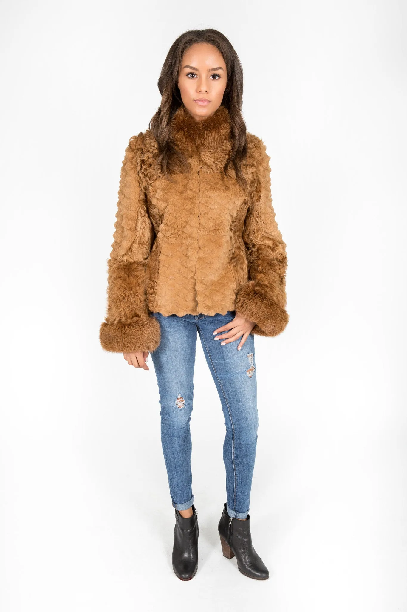 Golden Dyed Persian Lamb, Fox and Lasered Rabbit Fur Jacket