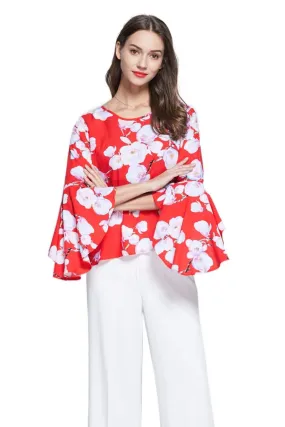 Gorgeous Red Scoop Neck with White Magnolia and Pink Bell Sleeve Top