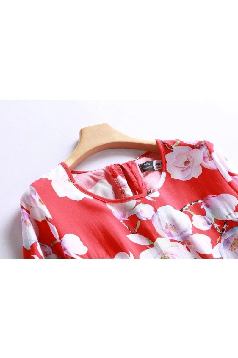 Gorgeous Red Scoop Neck with White Magnolia and Pink Bell Sleeve Top