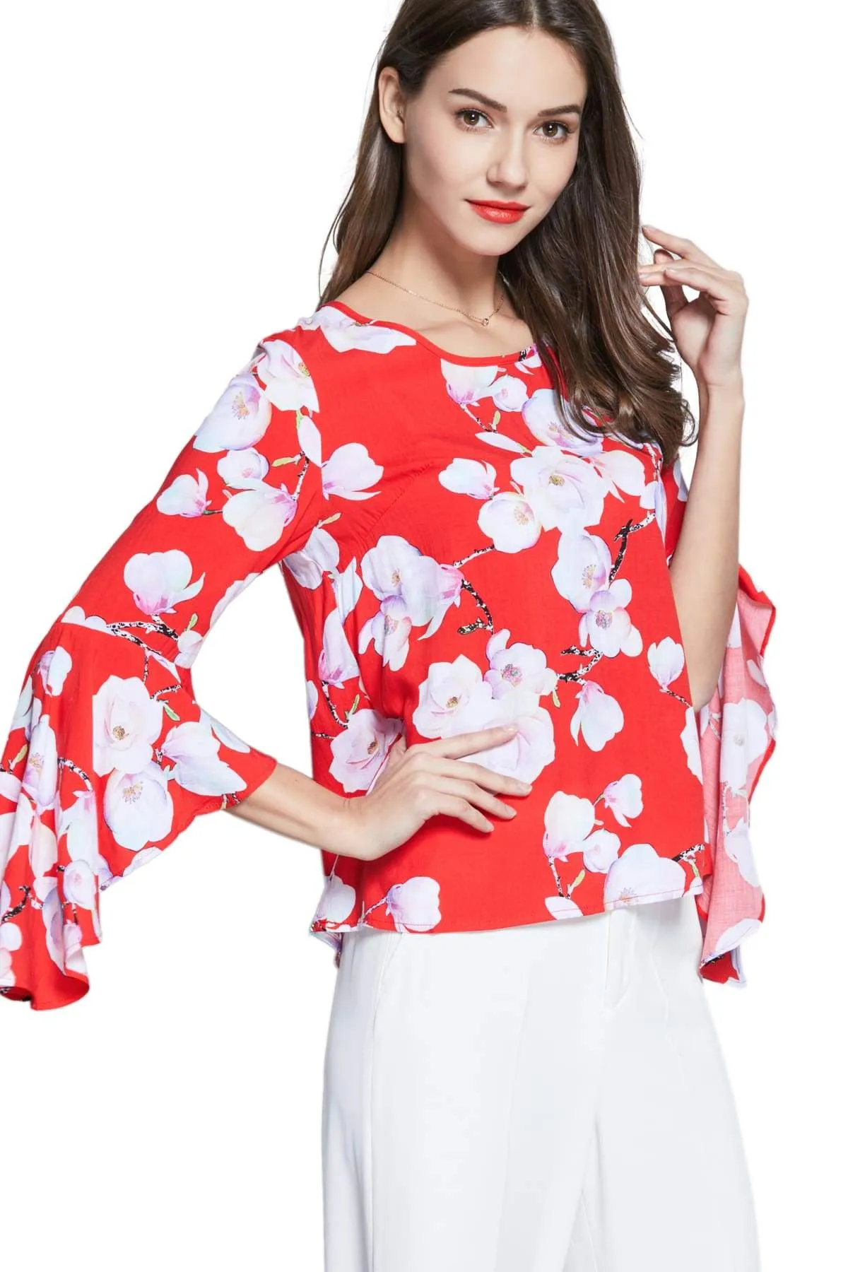 Gorgeous Red Scoop Neck with White Magnolia and Pink Bell Sleeve Top