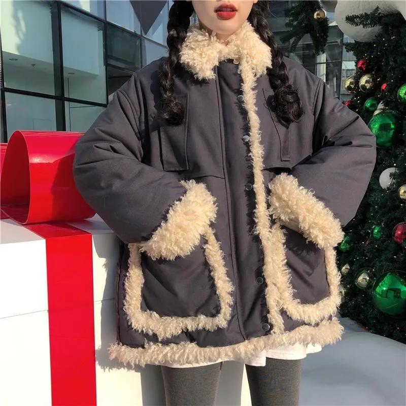 Gray Loose Faux Fur Padded Outwear Coat