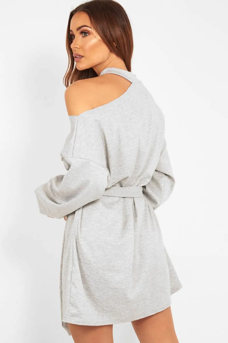 Grey Belted Cold Shoulder Jumper Dress - Elston