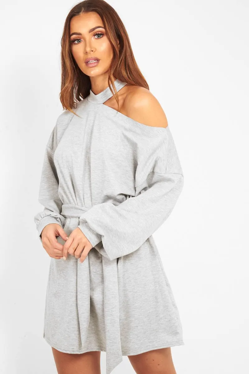 Grey Belted Cold Shoulder Jumper Dress - Elston