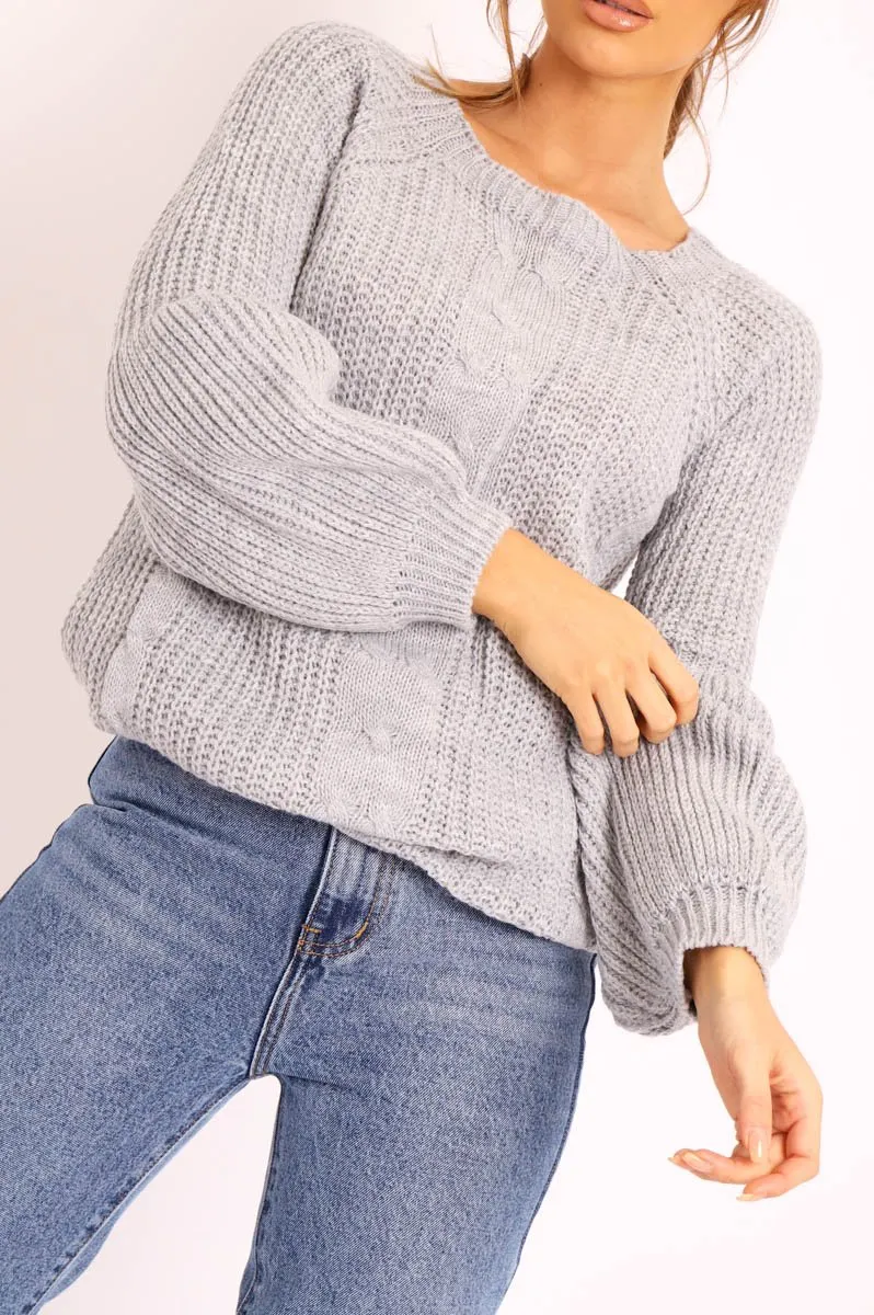 Grey Cable Knit Balloon Sleeve Jumper - Elicia