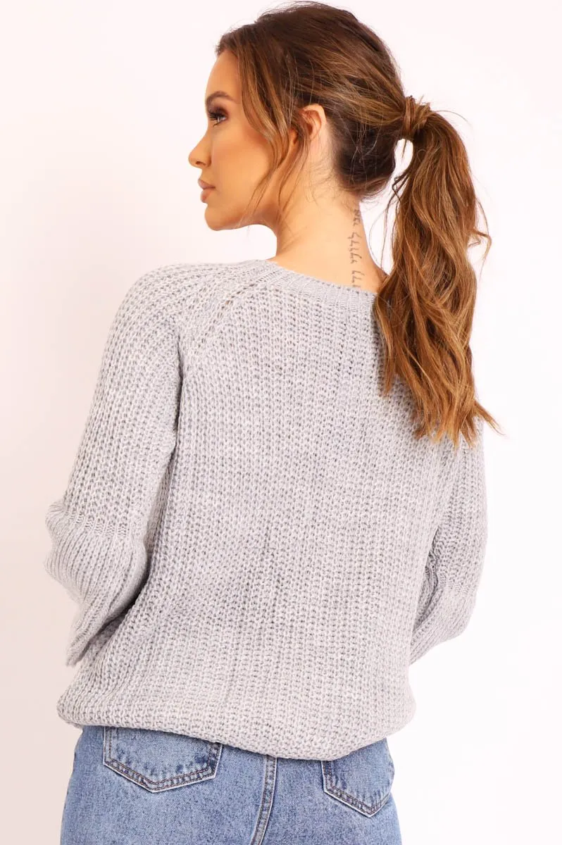 Grey Cable Knit Balloon Sleeve Jumper - Elicia