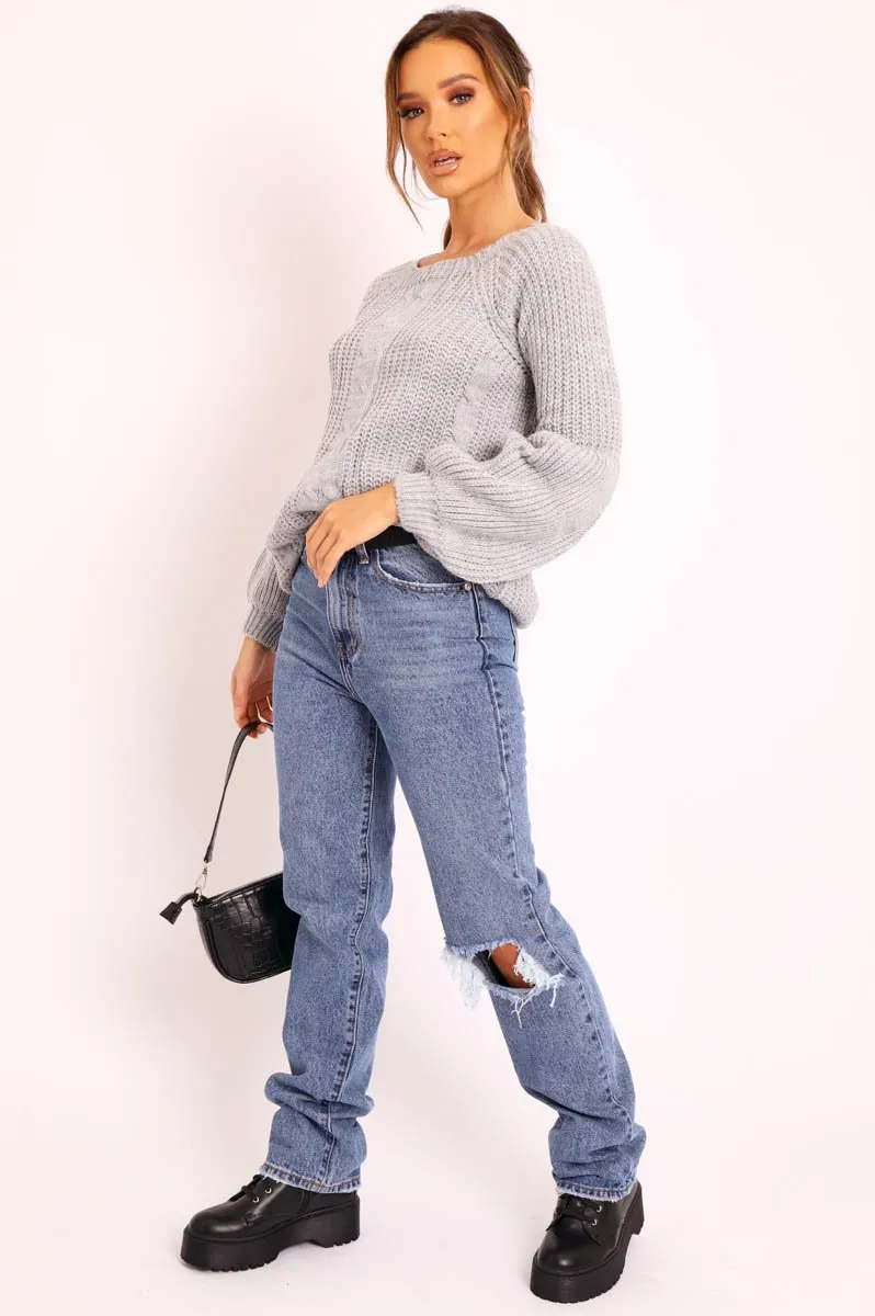 Grey Cable Knit Balloon Sleeve Jumper - Elicia