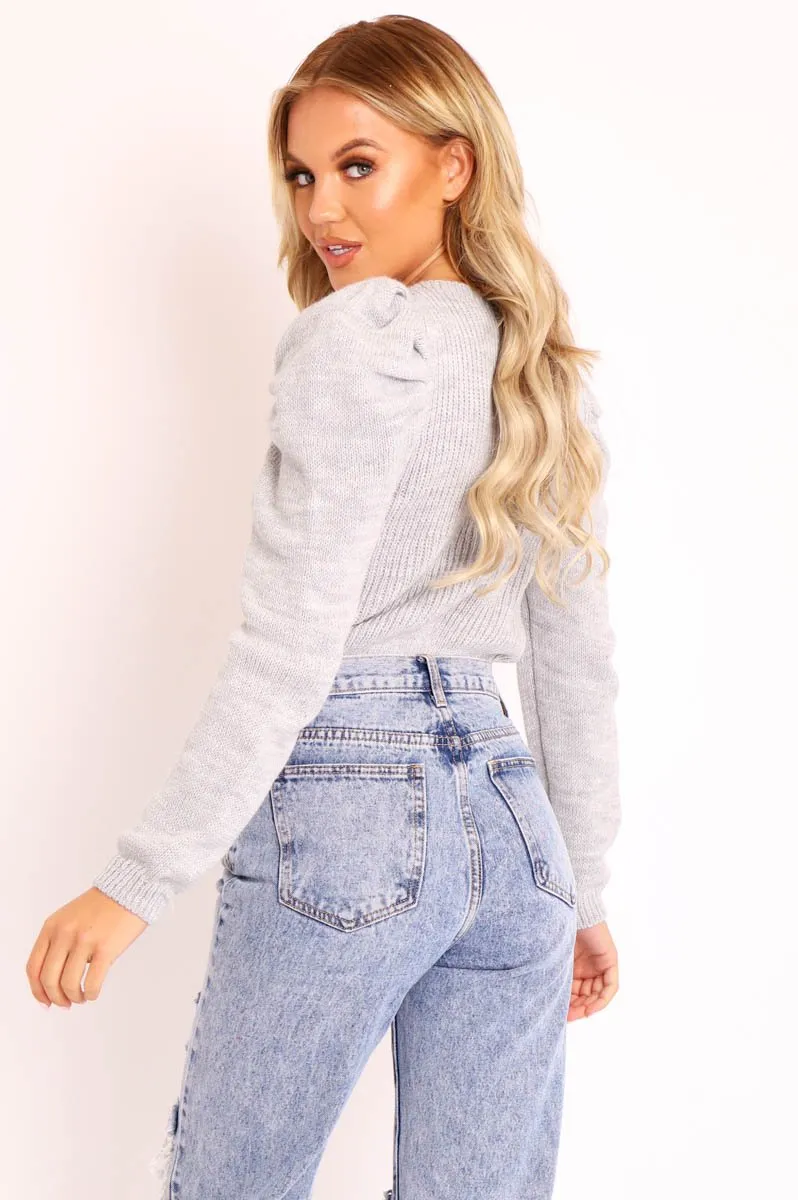 Grey Chunky Knit Puff Sleeve Jumper - Hannahmae