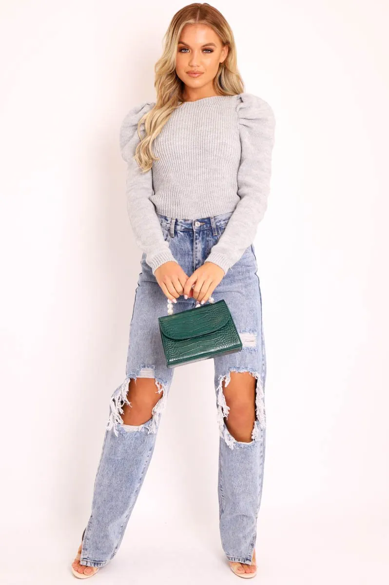 Grey Chunky Knit Puff Sleeve Jumper - Hannahmae