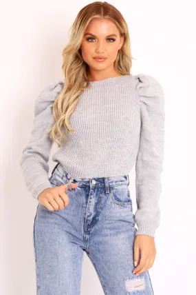 Grey Chunky Knit Puff Sleeve Jumper - Hannahmae