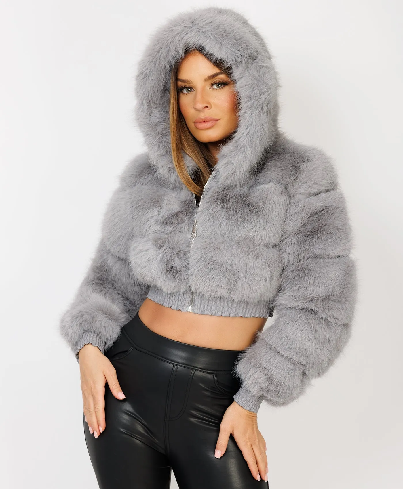 Grey Cropped Hooded Faux Fur Tiered Coat Jacket