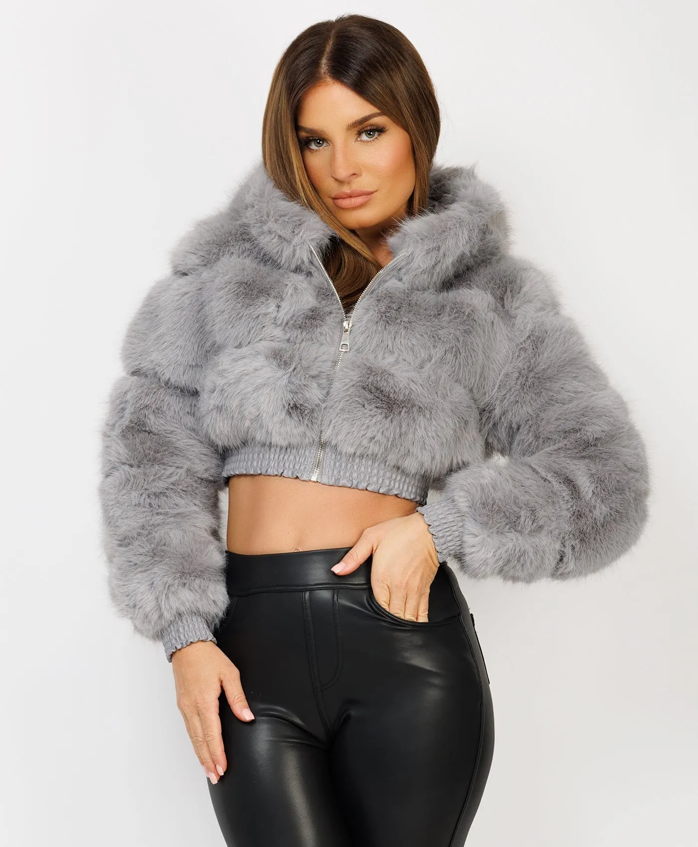 Grey Cropped Hooded Faux Fur Tiered Coat Jacket