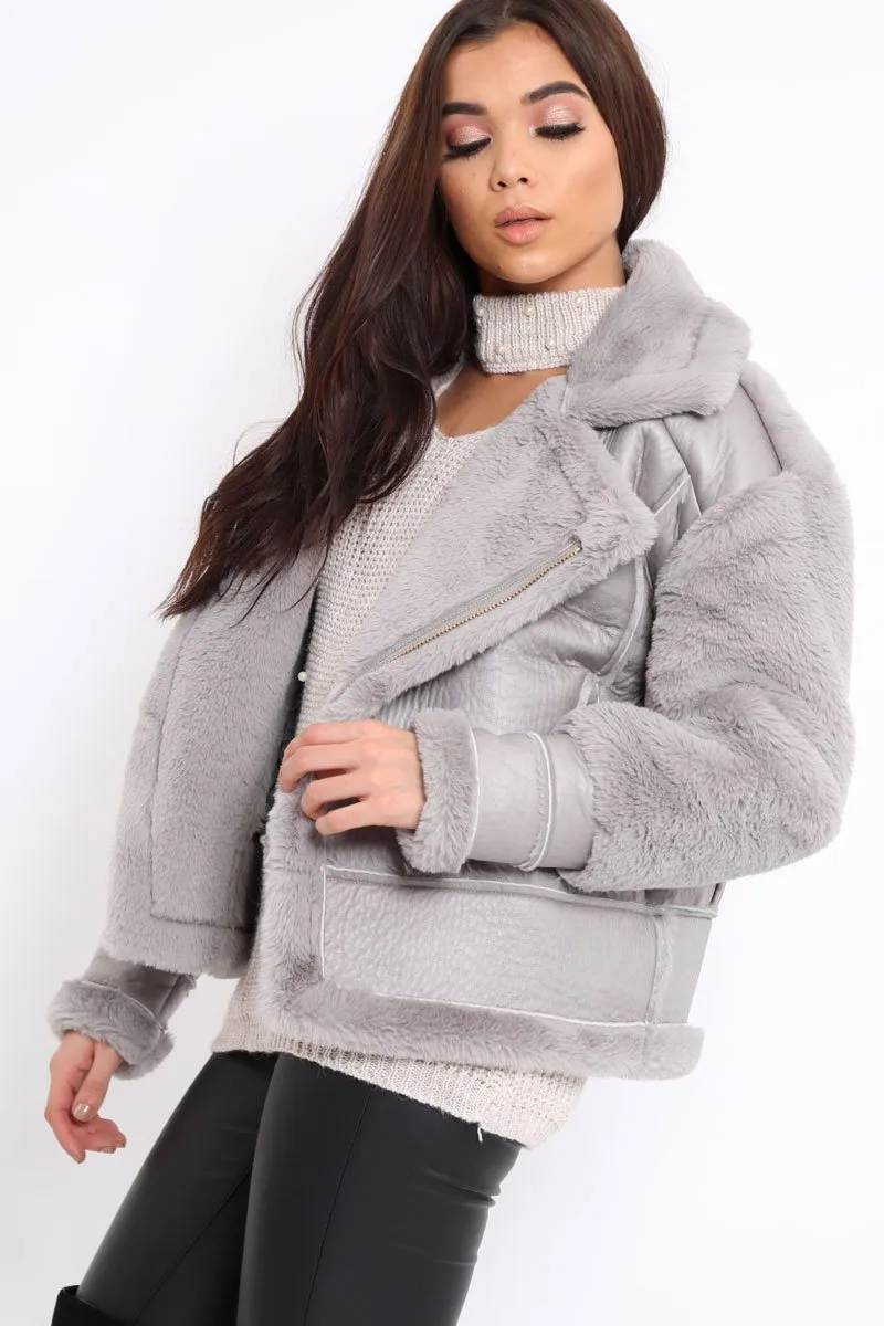 Grey Faux Leather And Fur Jacket - Rhea