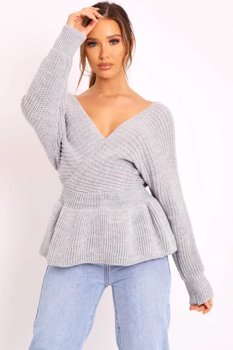 Grey Knitted Wrap Front Plunge Peplum Jumper - Samara