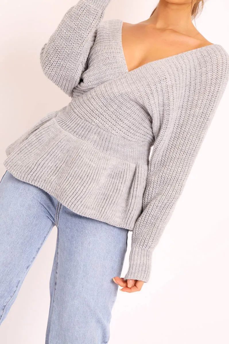 Grey Knitted Wrap Front Plunge Peplum Jumper - Samara