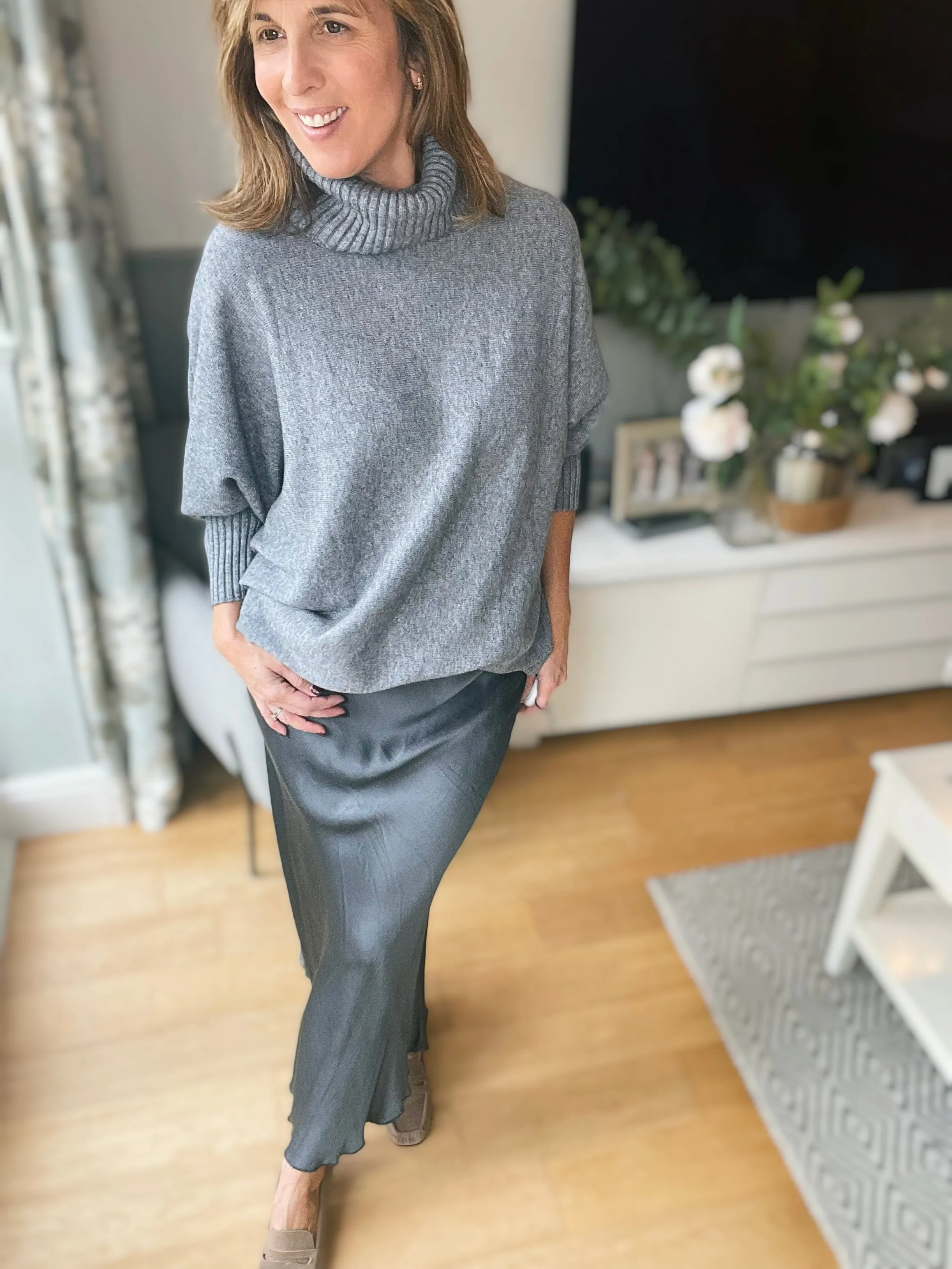 Grey Long Roll-neck Jumper